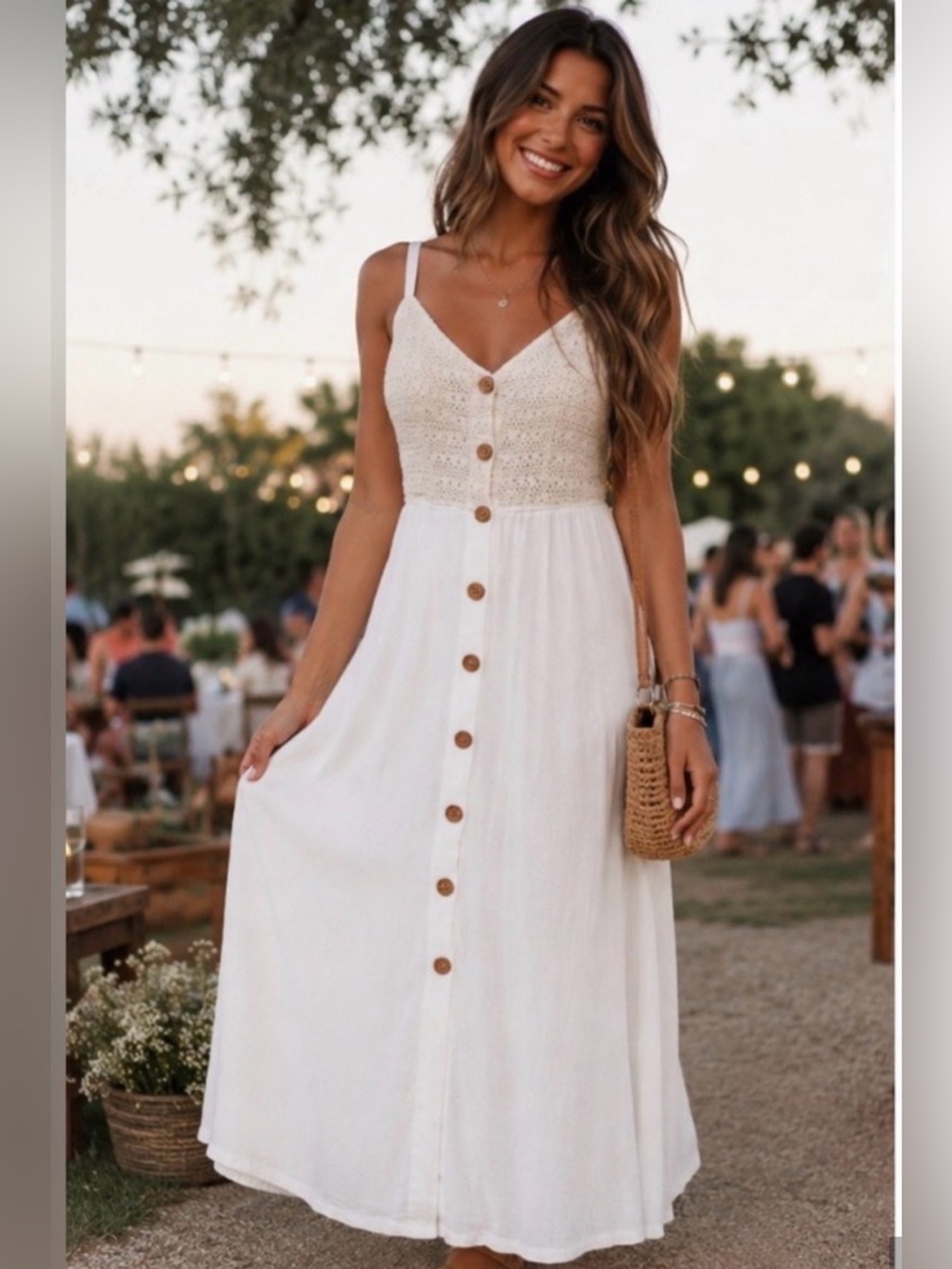 Jessica Simpson White Crochet Bodice Button-Front Maxi Dress